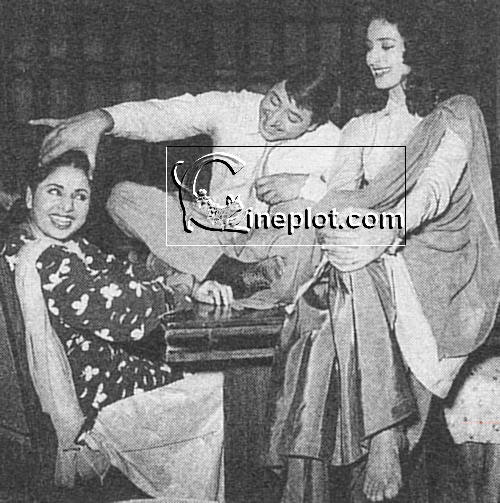 Geeta Bali, Pran and Nutan on the sets of Malkin (1953)